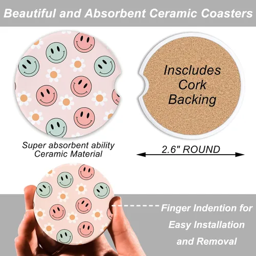 Miniatura 5 de 2 posavasos de cerámica para automóvil con caras coloridas y margaritas, accesorios estéticos retro de color rosa, bonitos posavasos para mujeres