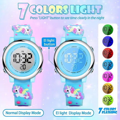 Miniatura 3 de 2 Pieces Kids Unicorn Watch Toddler Watch and Silicone Wristband Cute 3D Kids Digital Watch Waterproof 7 Color Lights Watch with Alarm Stopwatch