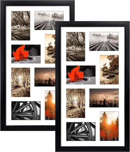 QUTREY Juego de 2 marcos de fotos de collage negro de 4 x 6, 8 aberturas enmarañadas para fotos de 4 x 6 para mostrar 16 fotos múltiples para pared