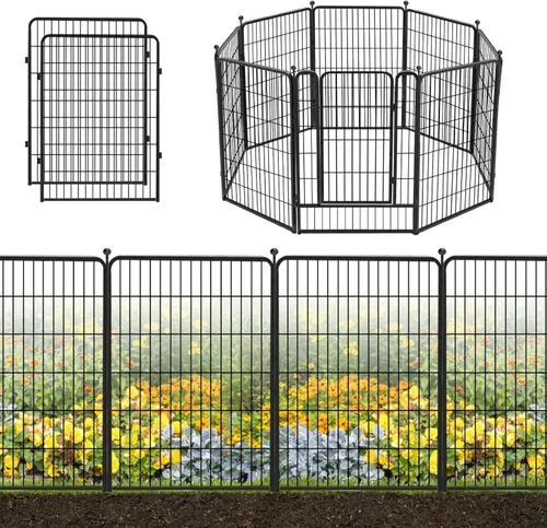 Miniatura 25 de Valla decorativa de metal negro para jardín con puerta, 82 pies de largo, 32 pulgadas de alto, 36 paneles de valla sin excavación, valla de barrera