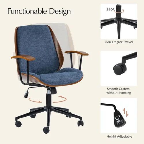 Miniatura 5 de HULALA HOME Silla de oficina de madera maciza con función de balanceo, silla de escritorio de tela cómoda con base de madera curvada y metal, silla