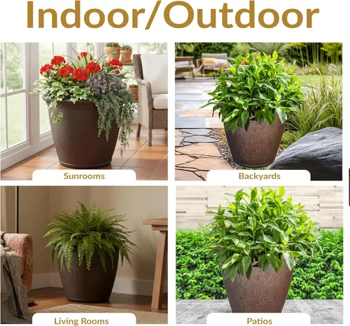 Miniatura 5 de Sunnydaze Anjelica - Maceta grande de plástico para plantas, maceta grande de plástico de doble pared para exteriores con agujeros de drenaje Óxido