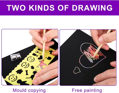 Miniatura 4 de ZEAYEA Juego de 200 piezas de papel para rascar, papel mágico para raspar con 10 lápices ópticos, 8 plantillas, notas negras para raspar para niños