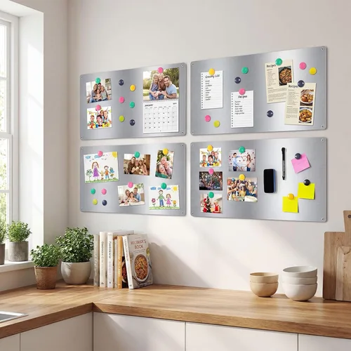 Miniatura 6 de Therwen 2 tableros magnéticos para pared, sin marco, de acero, de borrado en seco, plateado, metálico, con tiras autoadhesivas de gancho y bucle