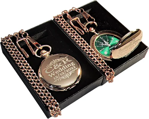 Miniatura 7 de 1 reloj de bolsillo grabado - Viene con caja personalizada, cadena y grabado. Esfera verde con números romanos plateados, regalos de boda Negro
