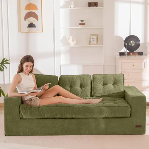 Miniatura 19 de MAXYOYO Sofá de 3 Plazas sin Estructura, Sofá Moderno Acolchado para Sala de Estar, Sillón Suave Tipo Puf de Espuma de Alta Densidad con Almohadas