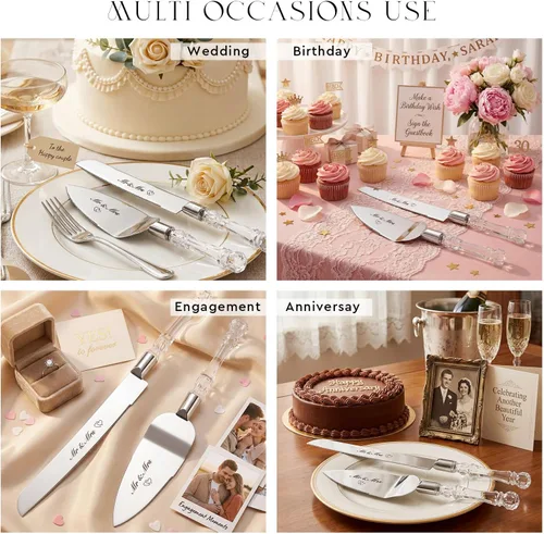 Miniatura 6 de AW BRIDAL Sr. Sra. Juego de cuchillo y espátula para pastel de boda, juego de corte de pastel plateado para boda, cortador de pasteles y servidor