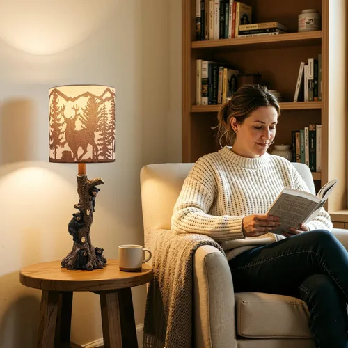 Miniatura 4 de LOKHOM Lámpara de mesa rústica con oso de escalada para dormitorio, lámpara de mesa de noche pequeña de 19 pulgadas con pantalla de bosque de osos
