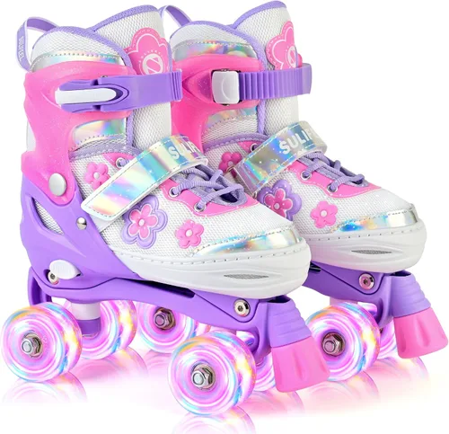 Miniatura 9 de SULIFEEL Patines ajustables de ruedas para niñas de 5-8 6-12 años con lunares y lazo, ruedas iluminadas, 4 tamaños ajustables para patinaje