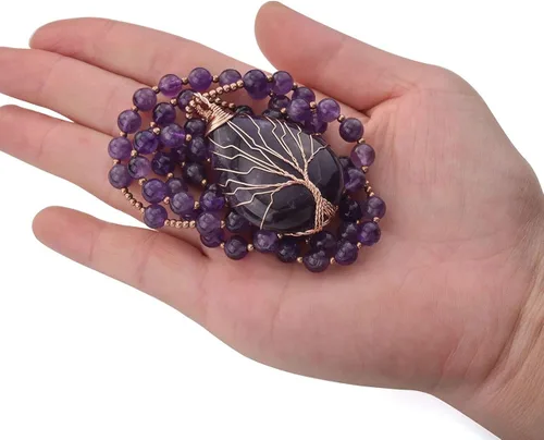 Miniatura 5 de Jovivi Collar de cristal curativo de cuarzo amatista natural, envuelto en alambre, árbol de la vida, colgante de piedras preciosas de chakra de 28