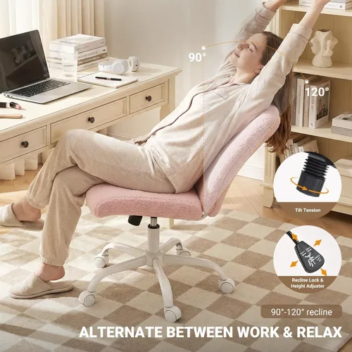 Miniatura 5 de Vanity Chair with Wheels, Armless Office Chair Height Adjustable, Cute Desk Chair with Soft Lumbar Support for Small Space, Bedroom, Make-up Room