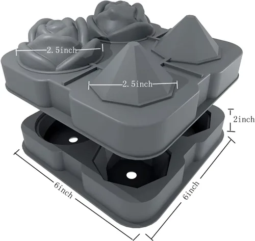 Miniatura 2 de HANCELANT - Bandeja para cubitos de hielo, moldes para cubitos de hielo de 2.5 pulgadas, rosa de silicona de 2 cavidades y 2 bolas de hielo de Negro
