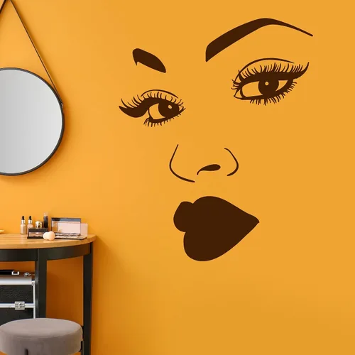 Miniatura 4 de Vinilo adhesivo de pared de mujer africana, maquillaje niña, pestañas faciales, labios, decoración grande (2213ig) negro