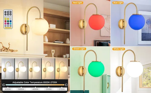 Miniatura 2 de Juego de 2 apliques de pared LED que funcionan con pilas, pantalla de cristal moderna con globo con control remoto, regulable, no cableado, fácil