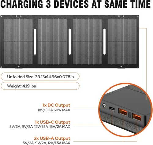 Miniatura 7 de Generador Solar Portátil, Estación de Energía Portátil de 300W con Panel Solar Plegable de 60W, Paquete de Batería de Onda Sinusoidal Pura de 110V