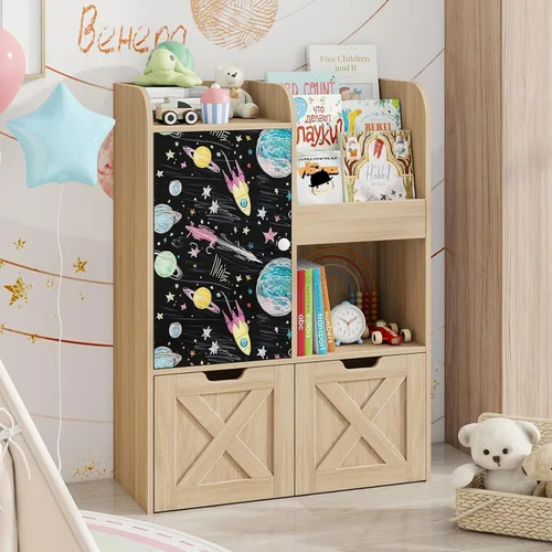 Miniatura 9 de Organizador de almacenamiento de juguetes para niños con rincón de lectura, estantería de madera para niños con pizarra y 2 cajones móviles, Roble