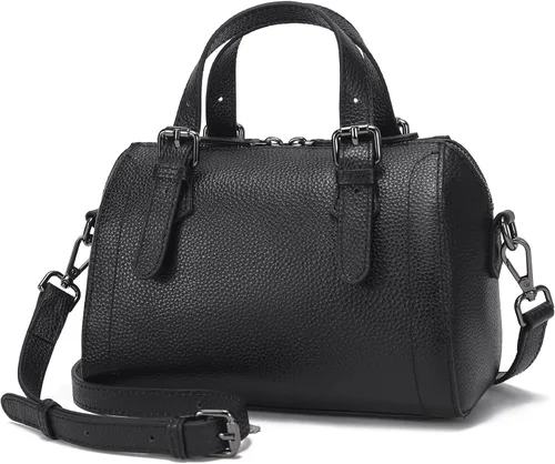 Bolso Boston de cuero de grano completo para mujer, bolso de hombro con asa superior, bolso con correas de diseño, color negro ligero