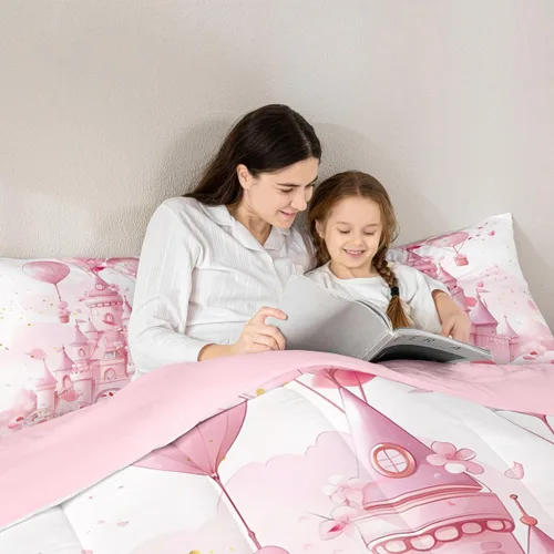 Miniatura 6 de Feelyou Juego de edredón de castillo rosa para niños, tamaño individual, juego de ropa de cama de princesa para niños y niñas, inserto de edredón
