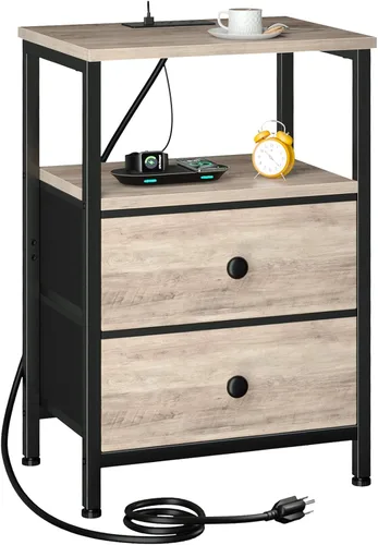 Miniatura 11 de LOAKEKEL Mesita de noche, mesita de noche con estación de carga, mesa auxiliar con almacenamiento 2 cajones de tela para dormitorio, mesa auxiliar