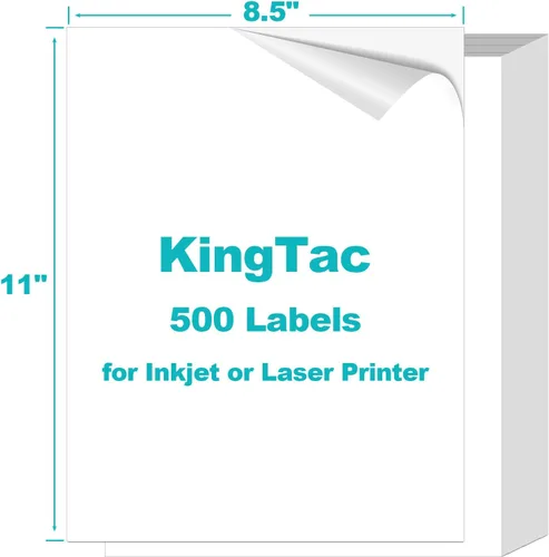 Kingtac [500 etiquetas] Etiquetas de envío de página completa A4 de 8.5 x 11 para impresoras láser y de inyección de tinta, autoadhesivas hojas de