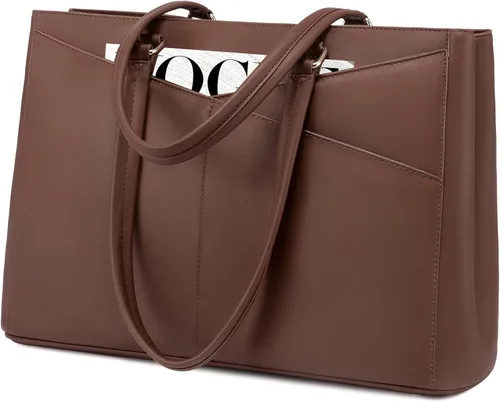 Miniatura 14 de LOVEVOOK Bolsa de mano para computadora portátil para mujer, bolsas de trabajo de cuero de 15.6 pulgadas con soporte grande para tazas para Negro