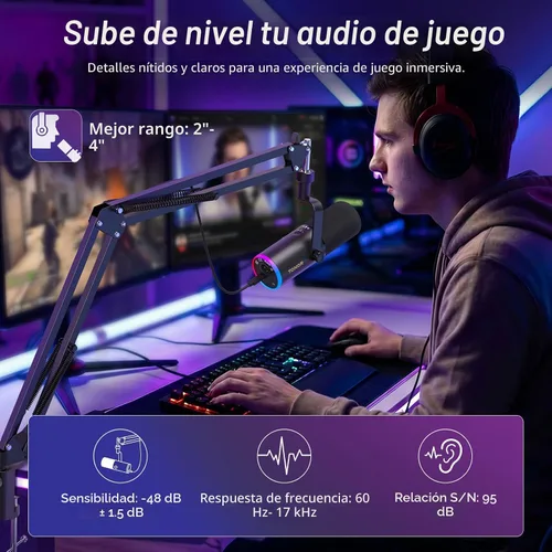 Miniatura 3 de TONOR Micrófono dinámico para juegos, transmisión de micrófono XLR/USB, cancelación de ruido AI, RGB controlable, Tap Mute, conector