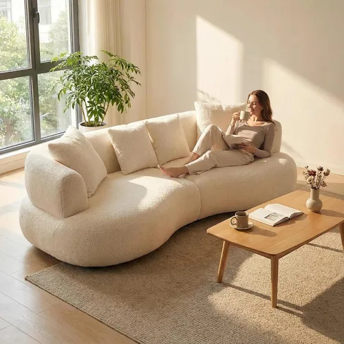 Miniatura 5 de SSC SATITUNCASA - Sofá modular curvo de 102.36 pulgadas, acogedor sofá Boucle para sala de estar, sofá de 4 plazas color crema con almohadas, sofá