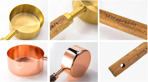 Miniatura 8 de JASHII Juego de 8 tazas y cucharas medidoras de oro rosa con mango de madera de acacia, herramientas de cocina de acero inoxidable para cocinar