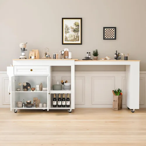 Miniatura 6 de Isla de cocina de 77.8 pulgadas con mesa extensible, isla de cocina rodante con armario de almacenamiento, cajones, estante para especias, toallero