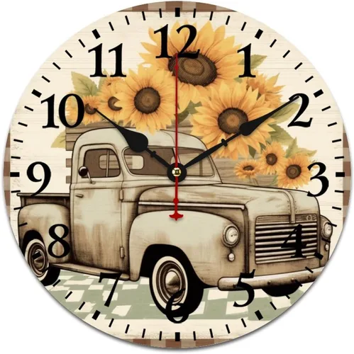 Miniatura 12 de Relojes de pared de 16 pulgadas, girasol con abejas y hojas, movimiento de cuarzo decorativo de madera, número arábigo, mariposa, girasol, reloj