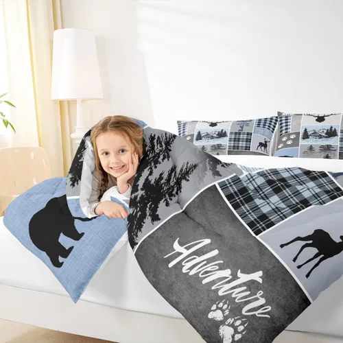 Miniatura 3 de Manfei Juego de edredón de astas de ciervo tamaño Twin, juego de ropa de cama rústica de granja navideña con huellas de oso para decoración