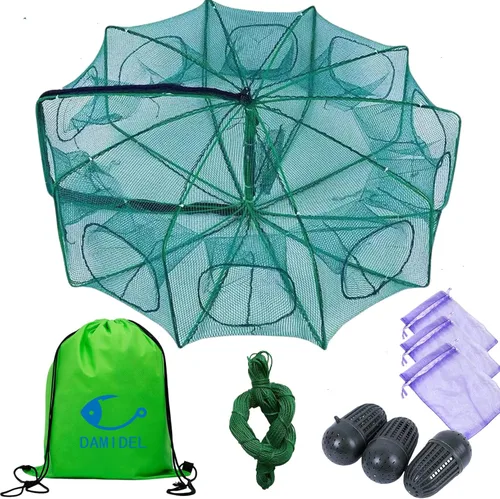 Trampa de pesca plegable de 81cm x 25cm, redes de pesca con 10 agujeros y 10 lados para peces/cangrejos/camarones/cangrejos de río, espacio