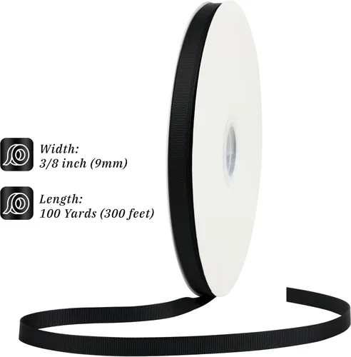 Miniatura 2 de Cinta de grogrén negro de 3/8 pulgadas a granel de 100 yardas, cinta de tela negra sólida para manualidades, envoltura de regalos, lazos