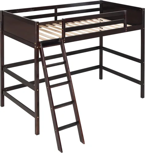Miniatura 5 de SOFTSEA Cama tipo loft de tamaño individual con escalera, cama alta de madera tamaño individual con barandilla para niños, adolescentes y jóvenes
