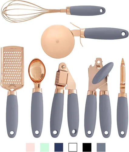 Miniatura 20 de COOK WITH COLOR Juego de utensilios de cocina de acero inoxidable chapado en cobre con asas suaves al tacto, blanco cobre, 10 piezas