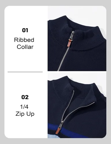 Miniatura 11 de MAGCOMSEN Suéteres de algodón con cremallera de 1/4 para hombre, suéter tipo polo, a rayas, para otoño e invierno, sudaderas cálidas