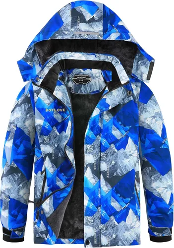 Miniatura 10 de Chaquetas de esquí para niños, impermeable, abrigo de invierno con forro polar, resistente al viento, chaqueta de snowboard con capucha desmontable