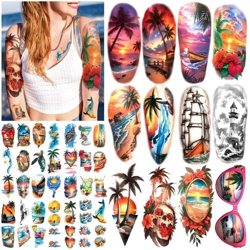 Miniatura 7 de 77 hojas de tatuajes temporales para hombres y mujeres, 17 hojas de tatuajes falsos de medio brazo, pecho y hombro, 60 hojas de tatuajes negros
