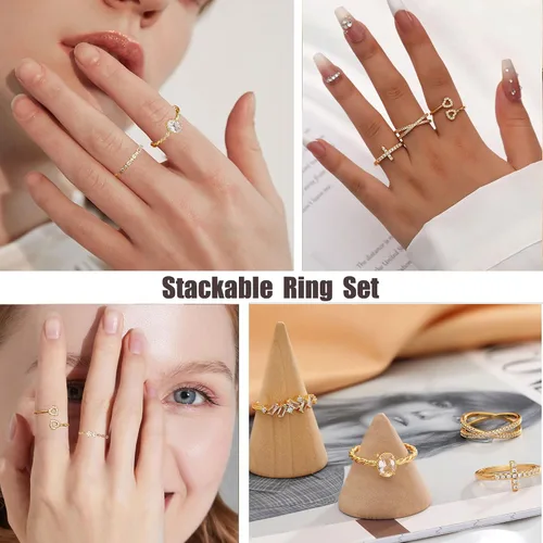 Miniatura 5 de TOSMGY - Anillos de oro para mujer, no se deslustra, apilables, anillos de compromiso de boda, anillo de oro de 14 quilates para adolescentes