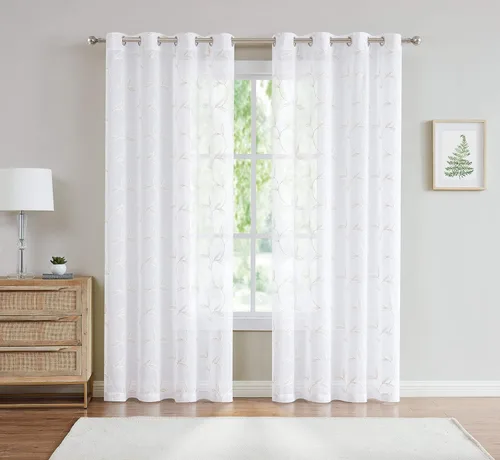 Miniatura 16 de Cortinas LinenZone de piso a techo para ventanas extra anchas. Cortinas transparentes blancas para divisores de habitación con bordado de hojas rosa