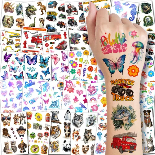 CHARLENT Tatuajes Temporales para Niños - 320 Estilos Mixtos (36 Hojas) Juego de Calcomanías de Tatuajes para Niños y Niñas, Carro Dinosaurio Hawaii