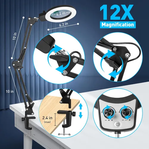 Miniatura 6 de KIRKAS Lupa 12X con luz y soporte, cualquier modo de color y brillo sin escalones, lámpara LED de aumento con abrazadera, lente de lupa 2 en 1