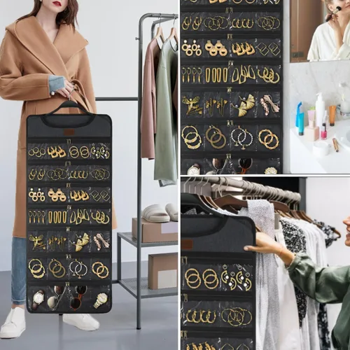 Miniatura 2 de SMRITI Organizador de joyas colgante con bolsillos dobles con cremallera, lona de doble cara giratoria para colgar collares, organizador de pared
