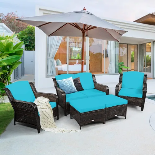 Miniatura 3 de COSTWAY Juego de muebles de mimbre de mimbre para patio, sofá biplaza con otomanas y sillas acolchadas, juegos de conversación para jardín al aire