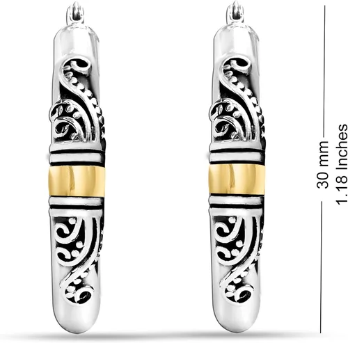 Miniatura 5 de LeCalla Aretes de aro de plata de ley 925 estilo Bali, ligeros, con cierre de clic, antiguos, de dos tonos, estilo italiano Bali, para mujer