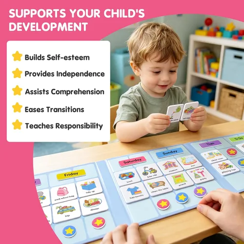 Miniatura 3 de Calendario visual para niños, 170 tarjetas visuales magnéticas y tablero magnético de tres pliegues, tabla de rutina diaria para autismo, TDAH