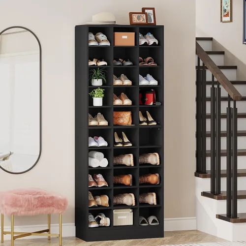 Miniatura 8 de Tribesigns Armario de almacenamiento de zapatos de 10 niveles, zapatero de madera negro con 30 cubículos, organizador de zapatos alto independiente