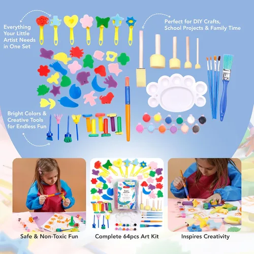 Miniatura 3 de Incraftables Juego de pintura de dedos lavable para niños, 65 piezas, pintura lavable no tóxica para niños pequeños, incluye delantal, esponjas