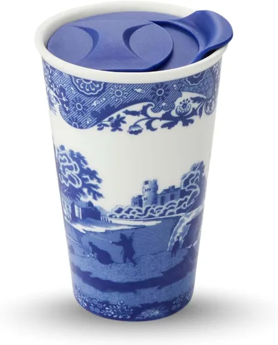 Spode Taza de viaje de porcelana italiana azul de 8 onzas con tapa – Vaso con estampado escénico con borde decorativo – Taza de café de cerámica
