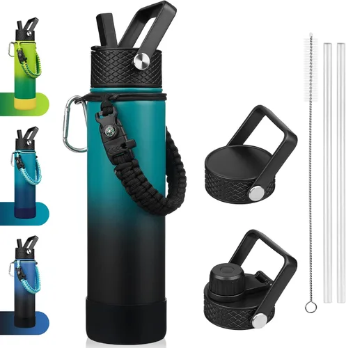 Miniatura 37 de BJPKPK - Botella de agua con tapa de popote, botellas de agua aisladas de 18 onzas con 3 tapas, asa de cuerda de paracaídas y base antideslizante
